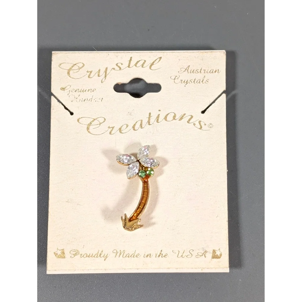 Vintage Palm Tree‎ Brooch Austrian Crystal Gold Tone Made in USA Tropical